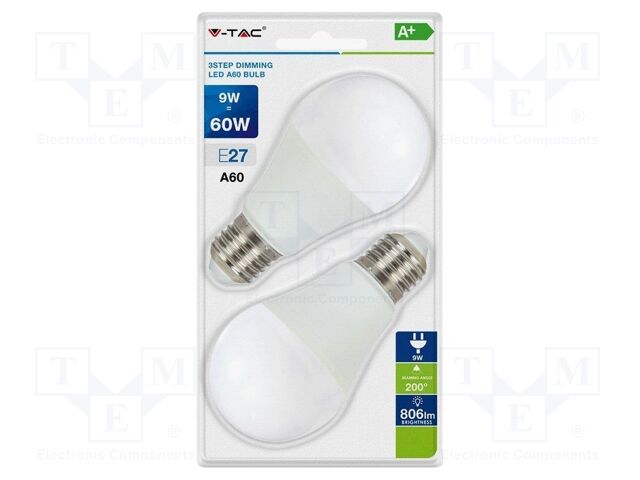 LED lamp; neutral white; E27; 220÷240VAC; 806lm; P: 9W; 200°; 4000K
