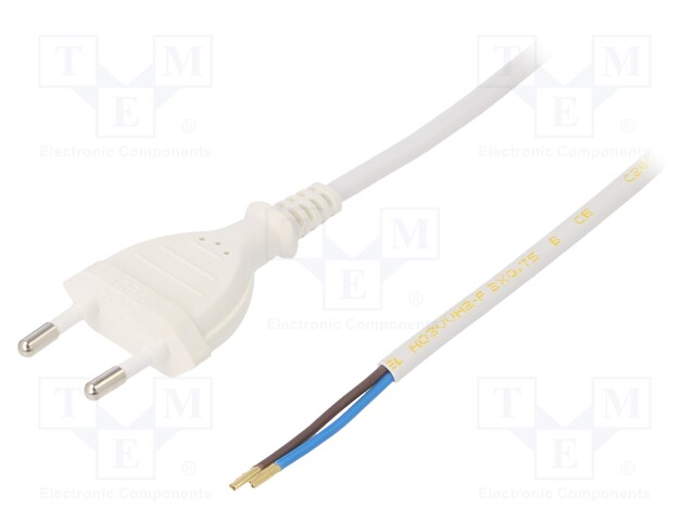 Cable; CEE 7/16 (C) plug,wires; 2m; white; PVC; 2x0,75mm2; 2.5A