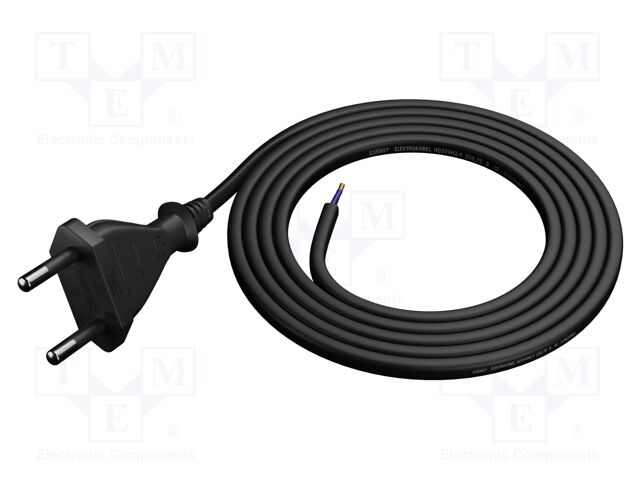 Cable; CEE 7/16 (C) plug,wires; 1.5m; black; PVC; 2x0,5mm2; 2.5A