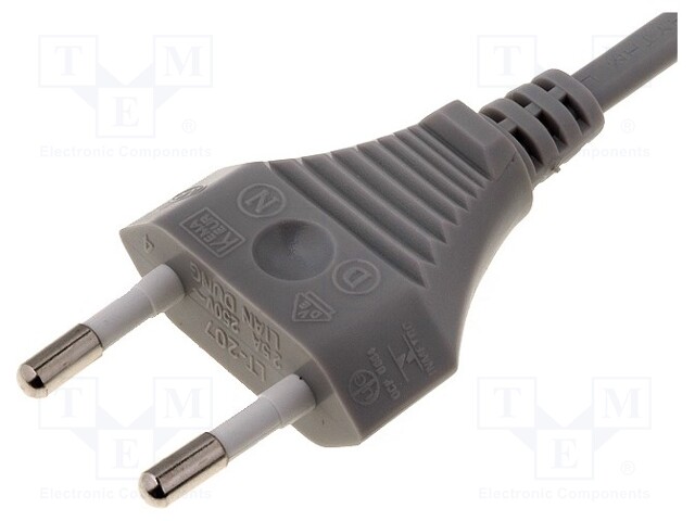 Cable; CEE 7/16 (C) plug,wires; 2.5m; grey; PVC; 2x0,75mm2; 2.5A