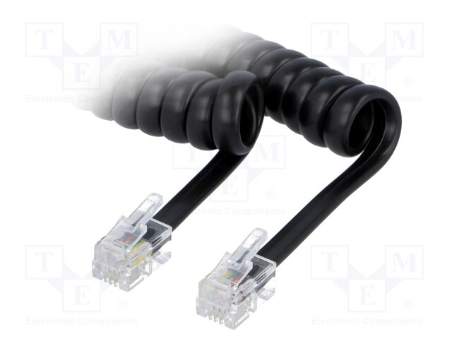 Cable: telephone; coiled,interlaced; RJ9 plug,both sides; black