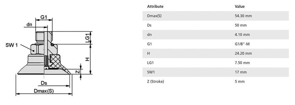 Suction cup; 50mm; 23.1g; G 1/8 M; Shore hardness: 55; 7.1cm3; SUF