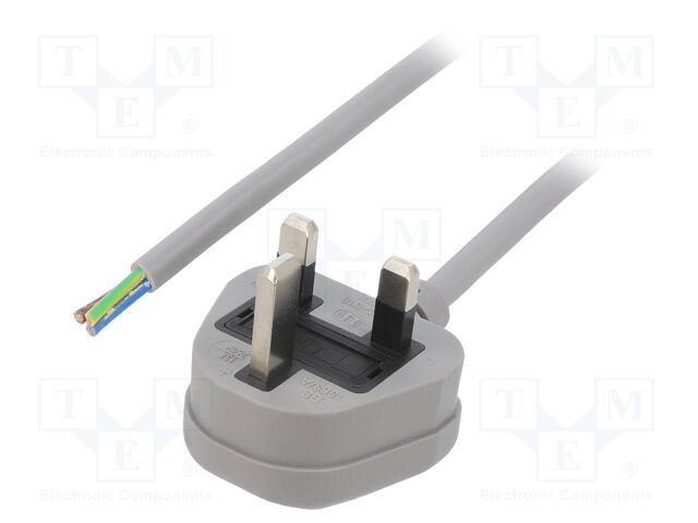Cable; BS 1363 (G) plug,wires; PVC; 3m; grey; 3x1mm2; 13A; 250V