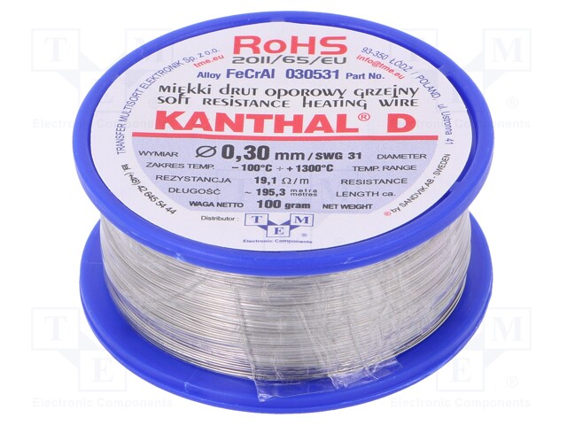 Resistance wire; 19.1Ω/m; -100÷1300°C; Øout: 0.3mm; FeCrAl; 0,1kg