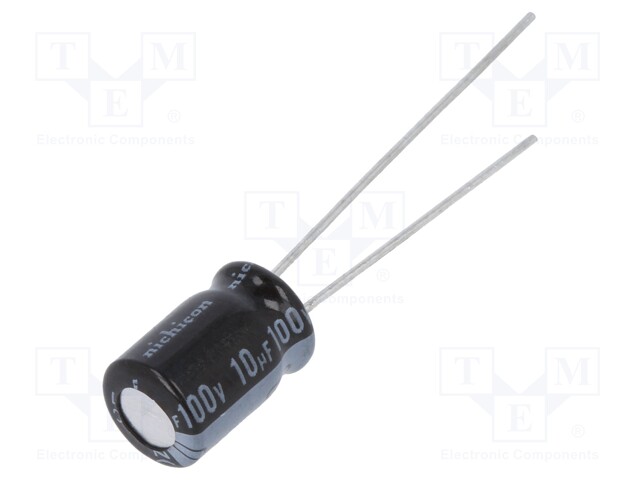 Capacitor: electrolytic; THT; 10uF; 100VDC; Ø6.3x9mm; Pitch: 2.5mm