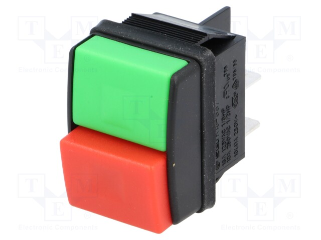 Switch: push-button; Pos: 2; DPST; 10A/250VAC; green/red; none; 50mΩ