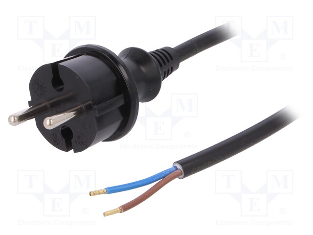 Cable; CEE 7/17 (C) plug,wires; 5m; black; PVC; 2x1,5mm2; 16A; 250V