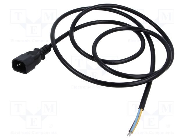 Cable; 3G0.75mm2; IEC C14 male,wires; PVC; 1.8m; black; 10A; 250V