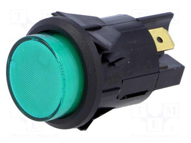 Switch: push-button; Pos: 2; DPST-NO; 16A/250VAC; 16A/28VDC; green
