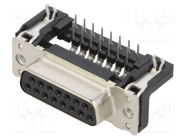 D-Sub; PIN: 15; socket; female; PCB snap-in; angled 90°; THT; M3
