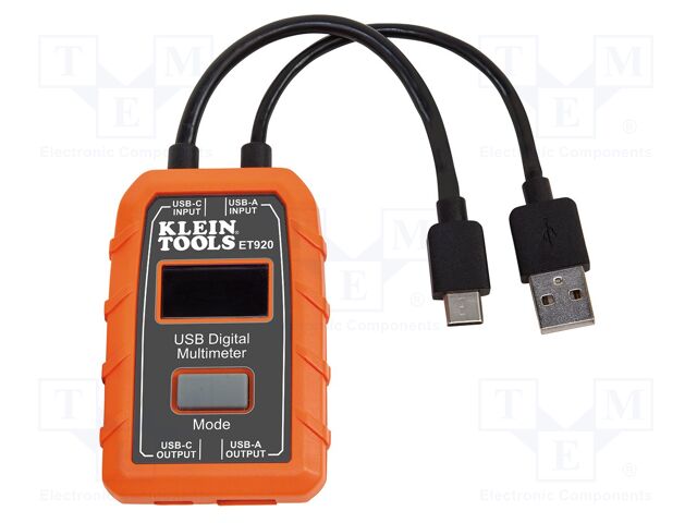 Tester: USB socket; LCD; VDC: 3÷20V; I DC: 50mA÷3A; 0÷400Ω; IP20