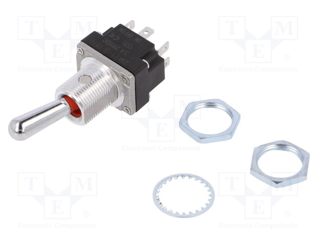 Switch: toggle; Pos: 3; DPDT; (ON)-OFF-ON; 5A/28VAC; Leads: screw