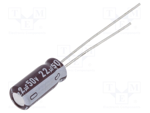 Capacitor: electrolytic; THT; 22uF; 50VDC; Ø5x11mm; Pitch: 2mm; ±20%