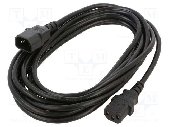 Cable; IEC C13 female,IEC C14 male; 5m; black; PVC; 3x1mm2; 16A