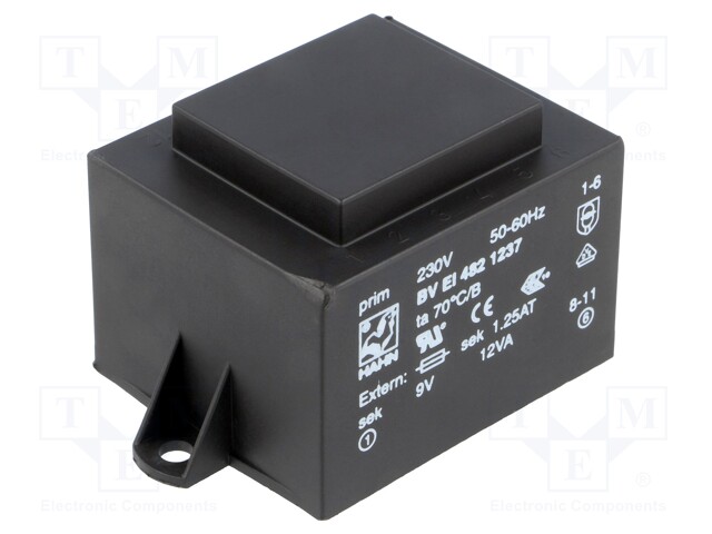 Transformer: encapsulated; 12VA; 230VAC; 9V; 1333mA; Mounting: PCB