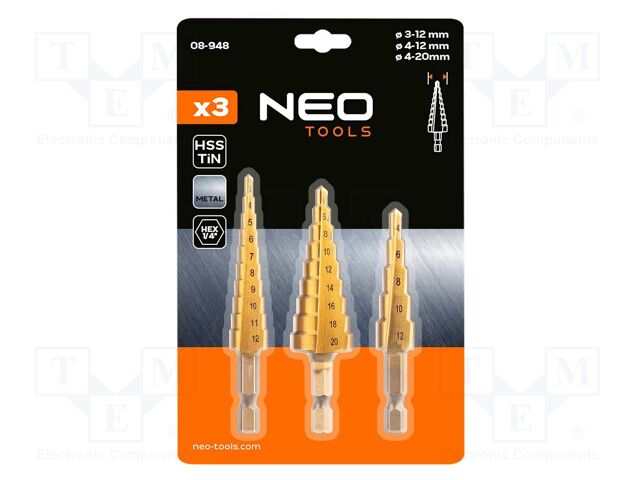 Drill set; step,conical,multistep; thin tinware; 3pcs.