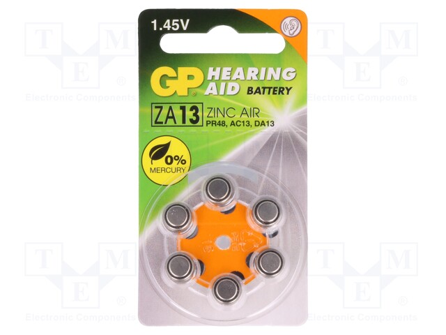 Battery: zinc air (ZnO2); 1.4V; AC13,R754,coin; Batt.no: 6