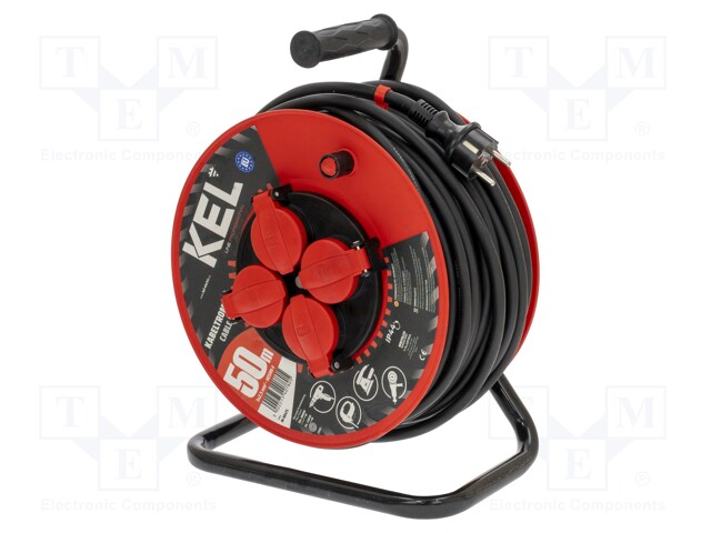 Extension lead; reel; Sockets: 4; rubber; black; 3x2,5mm2; 50m; 16A