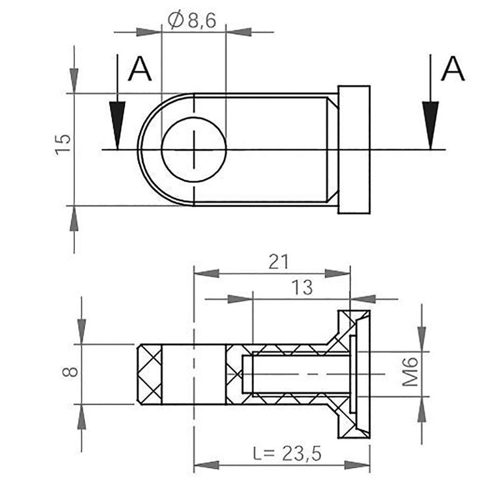 Mounting element for gas spring; Mat: plastic; 8.6mm; Thread: M6