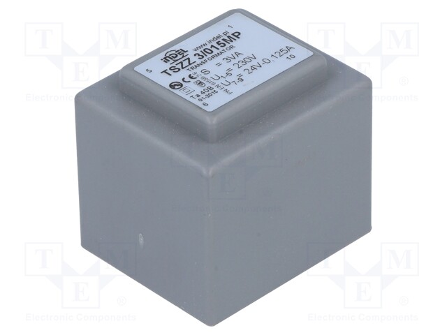 Transformer: encapsulated; 3VA; 230VAC; 24V; 0.125A; Mounting: PCB