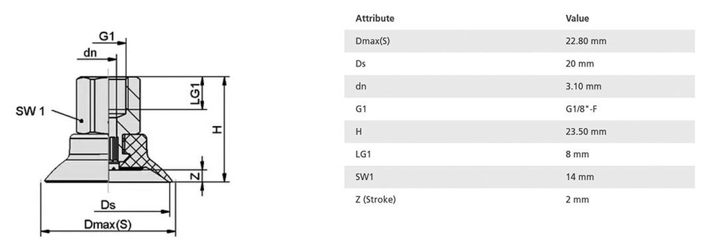 Suction cup; 20mm; 6.5g; G 1/8 F; Shore hardness: 55; 0.5cm3; SUF