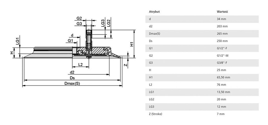 Suction cup; 250mm; G 1/2 F; Shore hardness: 60; 371cm3; SPU