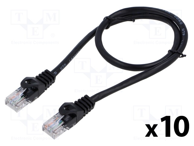 Patch cord; U/UTP; 6; stranded; CCA; PVC; black; 0.5m; 26AWG; Cores: 8