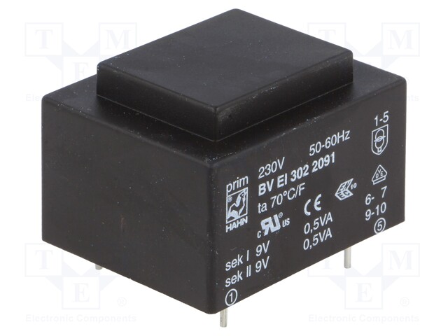 Transformer: encapsulated; 1VA; 230VAC; 9V; 9V; 56mA; 56mA; 70g