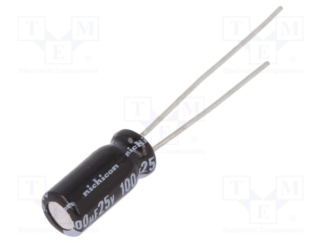 Capacitor: electrolytic; THT; 100uF; 25VDC; Ø5x11mm; Pitch: 2mm