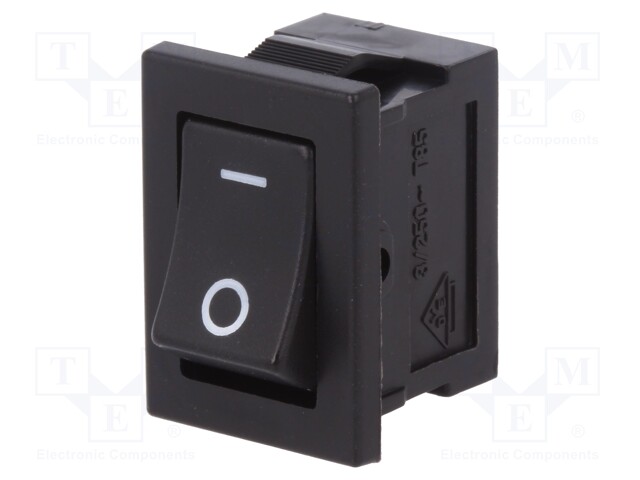ROCKER; SPST; Pos: 2; ON-OFF; 3A/250VAC; black; none; Rcont max: 20mΩ