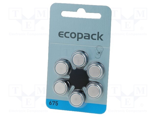 Battery: zinc air (ZnO2); 1.4V; AC675,R1154,coin; Batt.no: 6