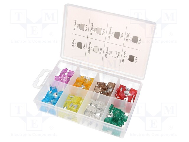 Kit contents: fuses; fuse; 11,9mm; 32V; No.of val: 8; 96pcs.