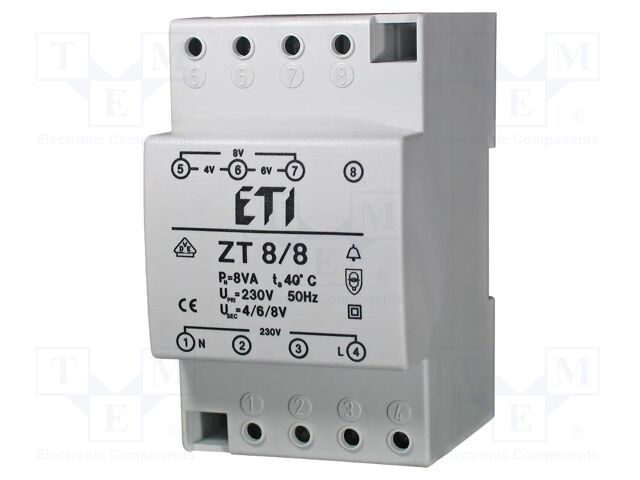 Transformer: bell; 8VA; 230VAC; 4V; 6V; 8V; Leads: terminal block