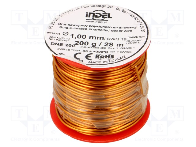 Coil wire; single coated enamelled; 1mm; 200g; -65÷200°C; Core: Cu
