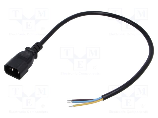 Cable; 3G0.75mm2; IEC C14 male,wires; PVC; 0.5m; black; 10A; 250V