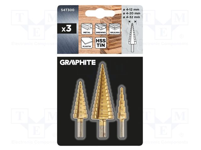 Drill set; step,conical; Ø: 4÷12mm,4÷20mm,4÷32mm; 3pcs.