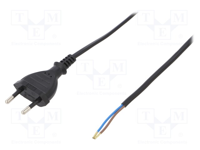 Cable; CEE 7/16 (C) plug,wires; 2m; black; PVC; 2x0,5mm2; 2.5A