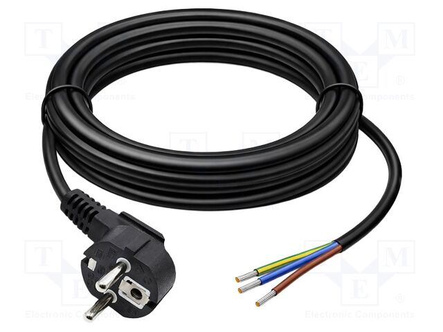 Cable; 3G0.75mm2; CEE 7/7 (E/F) plug angled,wires; PVC; 3m; black
