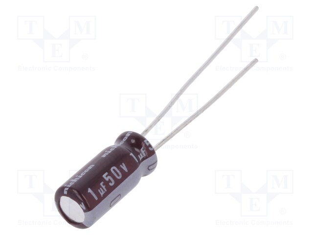 Capacitor: electrolytic; THT; 1uF; 50VDC; Ø5x11mm; Pitch: 2mm; ±20%
