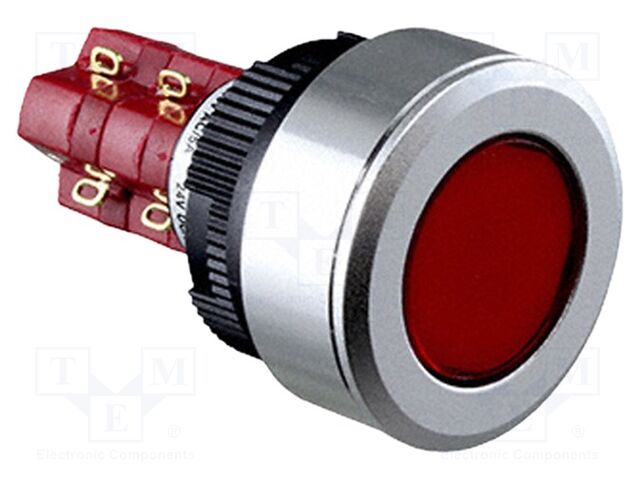 Switch: push-button; Pos: 2; DPDT; 5A/250VAC; 6A/24VDC; ON-ON; red