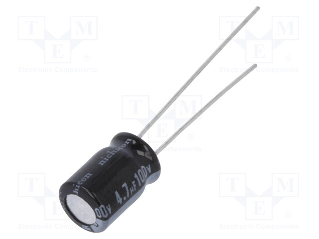 Capacitor: electrolytic; THT; 4.7uF; 100VDC; Ø6.3x9mm; Pitch: 2.5mm