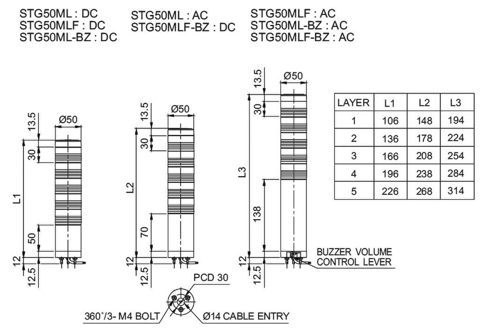 Signaller: signalling column; continuous light; Usup: 24VDC; LED