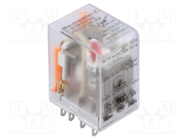 Relay: electromagnetic; DPDT; Ucoil: 230VAC; 10A; industrial; IP20