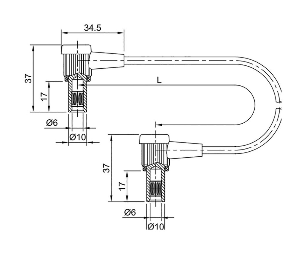 Connection cable; socket angled 6mm,both sides; non-insulated