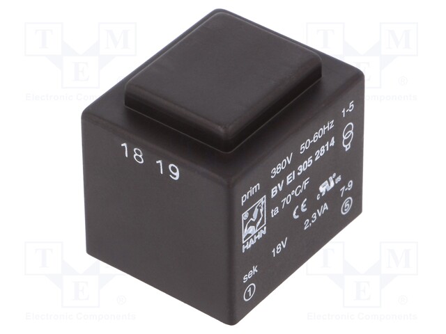 Transformer: encapsulated; 2.3VA; 380VAC; 18V; 128mA; Mounting: PCB