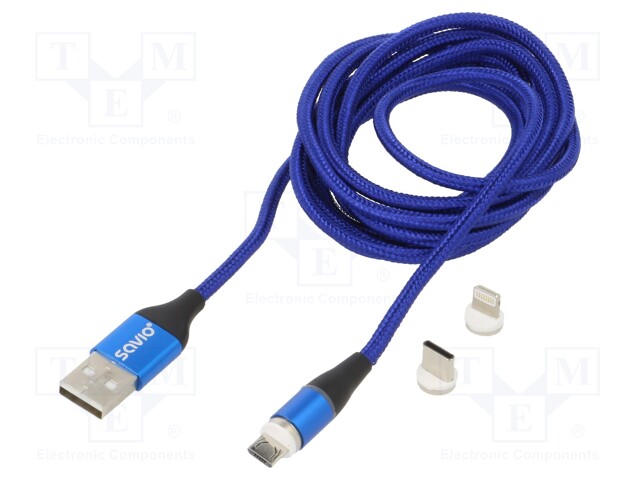 Cable; magnetic,USB 2.0; 2m; blue; 480Mbps; textile; 3A