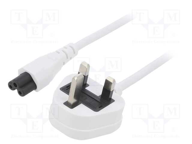 Cable; 3x0.75mm2; BS 1363 (G) plug,IEC C5 female; PVC; 1m; white