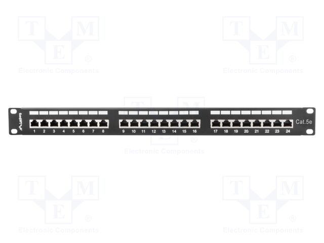 Patch panel; black; Number of ports: 24; Cat: 5e; RJ45 socket x24