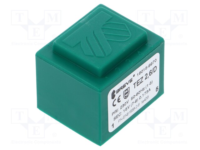 Transformer: encapsulated; 2.6VA; 230VAC; 15V; 173mA; Mounting: PCB