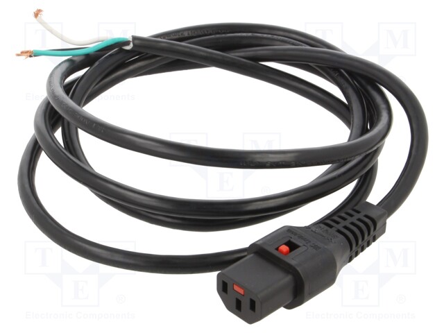 Cable; IEC C13 female,wires; 2m; with IEC LOCK locking; black